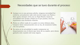 Necesidades que se tuvo durante el proceso:
 Aunque ya es una persona adulta, ninguna necesidad fue
cubierta, actualmente todo está mucho mejor con Paola y
Sara quien siempre vivió con su Papá Romel, hasta la
actualidad este ayuda a Paola en lo que pueda y los tres
mantienen una excelente relación.
 Paola no refiere nada de su padre en estos últimos años,
tampoco tiene comunicación con su tía, de ocasiones habla
con sus primas.
 Su meta en la actualidad es poder comprarse un
departamento con el dinero que tiene de su madre, pero desea
gastarlo solo cuando esté muy segura.
 