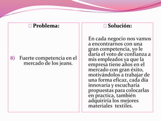Problema:
8) Fuerte competencia en el
mercado de los jeans.
Solución:
En cada negocio nos vamos
a encontrarnos con una
gran competencia, yo le
daría el voto de confianza a
mis empleados ya que la
empresa tiene años en el
mercado con gran éxito,
motivándolos a trabajar de
una forma eficaz, cada día
innovaría y escucharía
propuestas para colocarlas
en practica, también
adquiriría los mejores
materiales textiles.
 