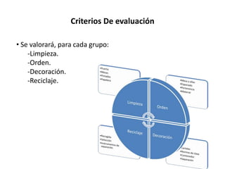 Criterios De evaluación

• Se valorará, para cada grupo:
    -Limpieza.
    -Orden.
    -Decoración.
    -Reciclaje.
 