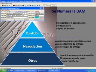 PERCY HUGO QUISPE FARFAN
pquispef@adexperu.edu.pe
35
EXPORTACIÒN
oUn exportador o consignante.
oUn destinatario
oUn país de destino
oUna única naturaleza de transacción
oUn único término de entrega
oUn único lugar de entrega
oUna única moneda de transacción.
oAlmacenaje un solo lugar
oUn solo manifiesto
Otros
Negociación
Condición
Se Numera la DAM
 