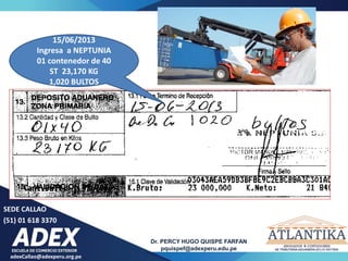 adexCallao@adexperu.org.pe
Dr. PERCY HUGO QUISPE FARFAN
pquispef@adexperu.edu.pe
SEDE CALLAO
(51) 01 618 3370
15/06/2013
Ingresa a NEPTUNIA
01 contenedor de 40
ST 23,170 KG
1,020 BULTOS
 