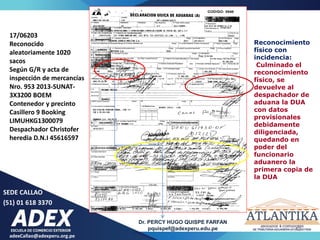 SEDE CALLAO
(51) 01 618 3370
Dr. PERCY HUGO QUISPE FARFAN
pquispef@adexperu.edu.pe
adexCallao@adexperu.org.pe
42
42
17/06203
Reconocido
aleatoriamente 1020
sacos
Según G/R y acta de
inspección de mercancías
Nro. 953 2013-SUNAT-
3X3200 BOEM
Contenedor y precinto
Casillero 9 Booking
LIMUHKG1300079
Despachador Christofer
heredia D.N.I 45616597
Reconocimiento
físico con
incidencia:
Culminado el
reconocimiento
físico, se
devuelve al
despachador de
aduana la DUA
con datos
provisionales
debidamente
diligenciada,
quedando en
poder del
funcionario
aduanero la
primera copia de
la DUA
 