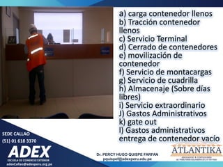 SEDE CALLAO
(51) 01 618 3370
Dr. PERCY HUGO QUISPE FARFAN
pquispef@adexperu.edu.pe
adexCallao@adexperu.org.pe
a) carga contenedor llenos
b) Tracción contenedor
llenos
c) Servicio Terminal
d) Cerrado de contenedores
e) movilización de
contenedor
f) Servicio de montacargas
g) Servicio de cuadrilla
h) Almacenaje (Sobre días
libres)
i) Servicio extraordinario
J) Gastos Administrativos
k) gate out
l) Gastos administrativos
entrega de contenedor vacío
 