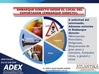 adexCallao@adexperu.org.pe
Dr. PERCY HUGO QUISPE FARFAN
pquispef@adexperu.edu.pe
SEDE CALLAO
(51) 01 618 3370
A solicitud del
interesado,
Aduanas autoriza
el Embarque
directo:
•Mercancías
Perecibles,
Peligrosas,
Maquinarias de
gran peso y
volumen, Animales
vivos, a granel y
otras
A granel
Otras
Animales
vivos
Maquinarias
Perecibles
EMBARQUE DIRECTO DESDE EL LOCAL DEL
EXPORTADOR (EMBARQUE DIRECTO)
 