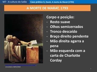 M7 - A cultura do Salão Caso prático 3, David, A morte de Marat (1793)
9
https://pt.wikipedia.org/wiki/Jacques-Louis_David,
consultado a 28/01/2018
A MORTE DE MARAT, 1793
Corpo e posição:
- Rosto suave
- Olhos semicerrados
- Tronco descaído
- Braço direito pendente
- Mão direita agarra a
pena
- Mão esquerda com a
carta de Charlotte
Corday
 
