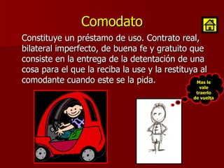Comodato Constituye un préstamo de uso. Contrato real, bilateral imperfecto, de buena fe y gratuito que consiste en la entrega de la detentación de una cosa para el que la reciba la use y la restituya al comodante cuando este se la pida. Mas le vale traerlo de vuelta 