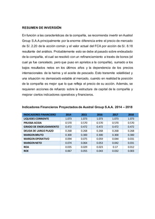 RESUMEN DE INVERSIÓN
En función a las características de la compañía, se recomienda invertir en Austral
Group S.A.A.principalmente por la enorme diferencia entre el precio de mercado
de S/. 2.20 de la acción común y el valor actual del FCA por acción de S/. 8.18
resultante del análisis. Probablemente esto se debe al pasado sobre endeudado
de la compañía, el cual se resolvió con un refinanciamiento a través de bonos (el
cual ya fue cancelado, pero que puso en aprietos a la compañía), sumado a los
bajos resultados netos en los últimos años y la dependencia de los precios
internacionales de la harina y el aceite de pescado. Esto transmite volatilidad y
una situación no demasiado estable al mercado, cuando en realidad la posición
de la compañía es mejor que lo que refleja el precio de su acción. Además, se
requieren acciones de refuerzo sobre la estructura de capital de la compañía y
mejorar ciertos indicadores operativos y financieros.
Indicadores Financieros Proyectados de Austral Group S.A.A. 2014 – 2018
INDICADORES FINANCIERO 2014 2015 2016 2017 2018
LIQUIDES CORRIENTE 1.073 1.073 1.073 1.073 1.073
PRUEBA ACIDA 0.570 0.570 0.570 0.570 0.570
GRADO DE ENDEUDAMIENTO 0.472 0.472 0.472 0.472 0.472
DEUDA DE LARGO PLAZO 0.268 0.268 0.268 0.268 0.268
MARGENBRUTO 0.300 0.300 0.300 0.300 0.300
MARGENOPERATIVO 0.094 0.075 0.059 0.044 0.031
MARGENNETO 0.074 0.064 0.053 0.042 0.031
ROA 0.035 0.029 0.023 0.17 0.012
ROE 0.067 0.055 0.043 0.032 0.003
 