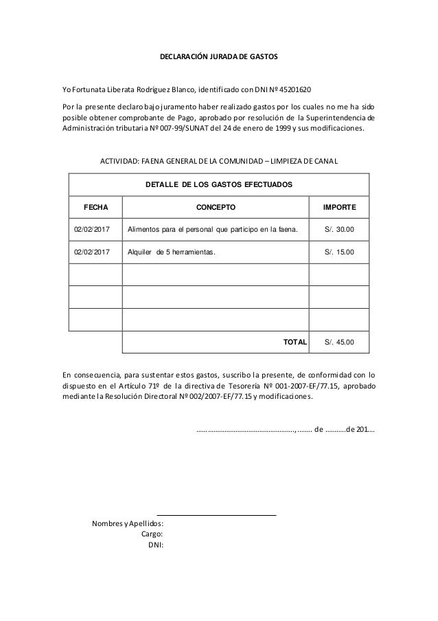 Modelo De Declaracion Jurada De Gastos 2018 Varios Modelos Images