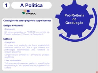 1               A Política
                                                    Pró-Reitoria
Condições de participação do corpo docente
                                                        de
                                                    Graduação
Estágio Probatório
Obrigatório
60 horas cumpridas no PRODOC no período do
Estágio probatório (20 horas na Dimensão I)

Estáveis
 Obrigatório
 Docentes com avaliação de forma insatisfatória
 conforme critérios da CPA e que tiverem sua
 participação recomendada pela Diretoria da
 unidade acadêmia
 Carga horária e dimensões - Diretoria da Unidade
 acadêmica
Livre e voluntária
Todos os demais docentes, podendo a certificação
de participação ser aproveitada na progressão na
carreira
 