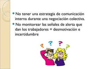 No tener una estrategia de comunicación
interna durante una negociación colectiva.
No monitorear las señales de alerta que
dan los trabajadores = desmotivación e
incertidumbre
 
