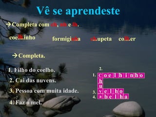 Vê se aprendeste
Completa com ch, nh e lh.

    lh
 coe....inho      formigi....a
                         nh      ch
                                 ....upeta     lh
                                             co....er

  Completa.

1. Filho do coelho.                 2.
                                 1. C    oe l h i nho
 2. Cai das nuvens.                 h
                                    u
 3. Pessoa com muita idade.      3. v    e l ho
                                 4. a    be l ha
 4. Faz o mel.
 