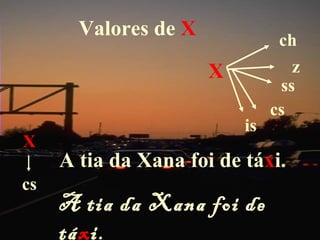 Valores de X             ch
                      X           z
                                ss
                               cs
                          is
X
     A tia da Xana foi de táxi.
cs
     A tia da Xana foi de
     táxi.
 