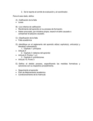2. Se le reporta al comité de evaluación y al coordinador.
Para el caso dado, defina:
A) -Calificación de la falta
 Leves
B) -Los criterios de calificación
 Rendimiento del aprendiz en su proceso de formación.
 Haber procurado, por iniciativa propia, resarcir el daño causado o
compensar el perjuicio causado.
C) -Clasificación de la falta
 Falta académica
D) -Identifique en el reglamento del aprendiz el(los) capítulo(s), artículo(s) y
literal(es) vulnerado(s):
1. Capítulo 1: principios
 Articulo 4
2. Capítulo 3: deberes del aprendiz
 Artículo 9. Puntos 1 y 4
3. Capítulo 4: prohibiciones
 Artículo 10. Punto 3
E) -Defina el debido proceso, especificando las medidas formativas y
sanciones con su respectivo procedimiento.
 Seguimiento al aprendiz
 Pian de Mejoramiento académico
 Condicionamiento de la matrícula
 