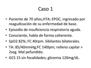 Caso 
1 
• Paciente 
de 
70 
años,HTA; 
EPOC, 
ingresado 
por 
reagudización 
de 
su 
enfermedad 
de 
base. 
• Episodio 
de 
insuficiencia 
respiratoria 
aguda. 
• Consciente, 
habla 
de 
forma 
coherente. 
• SpO2 
82%; 
FC 
40rpm. 
Sibilantes 
bilaterales. 
• TA: 
85/40mmHg;FC 
140lpm; 
relleno 
capilar 
> 
2seg. 
Mal 
pefundido. 
• GCS 
15 
sin 
focalidades; 
glicemia 
120mg/dL. 
 
