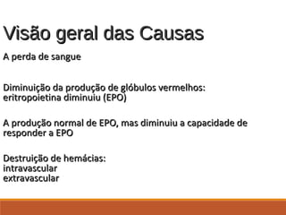 Visão geral das CausasVisão geral das Causas
A perda de sangueA perda de sangue
Diminuição da produção de glóbulos vermelhos:Diminuição da produção de glóbulos vermelhos:
eritropoietina diminuiu (EPO)eritropoietina diminuiu (EPO)
A produção normal de EPO, mas diminuiu a capacidade deA produção normal de EPO, mas diminuiu a capacidade de
responder a EPOresponder a EPO
Destruição de hemácias:Destruição de hemácias:
intravascularintravascular
extravascularextravascular
 