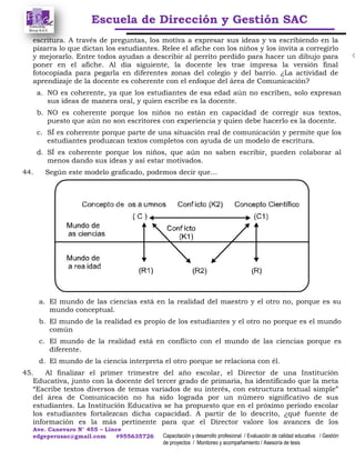 Escuela de Dirección y Gestión SAC
Ave. Canevaro N° 455 – Lince
edgeperusac@gmail.com #955635726 Capacitación y desarrollo profesional / Evaluación de calidad educativa / Gestión
de proyectos / Monitoreo y acompañamiento / Asesoría de tesis
escritura. A través de preguntas, los motiva a expresar sus ideas y va escribiendo en la
pizarra lo que dictan los estudiantes. Relee el afiche con los niños y los invita a corregirlo
y mejorarlo. Entre todos ayudan a describir al perrito perdido para hacer un dibujo para
poner en el afiche. Al día siguiente, la docente les trae impresa la versión final
fotocopiada para pegarla en diferentes zonas del colegio y del barrio. ¿La actividad de
aprendizaje de la docente es coherente con el enfoque del área de Comunicación?
a. NO es coherente, ya que los estudiantes de esa edad aún no escriben, solo expresan
sus ideas de manera oral, y quien escribe es la docente.
b. NO es coherente porque los niños no están en capacidad de corregir sus textos,
puesto que aún no son escritores con experiencia y quien debe hacerlo es la docente.
c. SÍ es coherente porque parte de una situación real de comunicación y permite que los
estudiantes produzcan textos completos con ayuda de un modelo de escritura.
d. SÍ es coherente porque los niños, que aún no saben escribir, pueden colaborar al
menos dando sus ideas y así estar motivados.
44. Según este modelo graficado, podemos decir que…
a. El mundo de las ciencias está en la realidad del maestro y el otro no, porque es su
mundo conceptual.
b. El mundo de la realidad es propio de los estudiantes y el otro no porque es el mundo
común
c. El mundo de la realidad está en conflicto con el mundo de las ciencias porque es
diferente.
d. El mundo de la ciencia interpreta el otro porque se relaciona con él.
45. Al finalizar el primer trimestre del año escolar, el Director de una Institución
Educativa, junto con la docente del tercer grado de primaria, ha identificado que la meta
“Escribe textos diversos de temas variados de su interés, con estructura textual simple”
del área de Comunicación no ha sido lograda por un número significativo de sus
estudiantes. La Institución Educativa se ha propuesto que en el próximo periodo escolar
los estudiantes fortalezcan dicha capacidad. A partir de lo descrito, ¿qué fuente de
información es la más pertinente para que el Director valore los avances de los
 