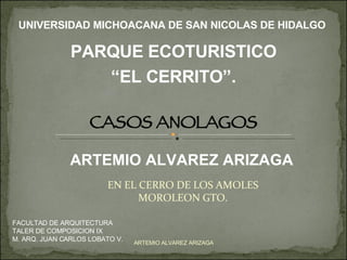 EN EL CERRO DE LOS AMOLES MOROLEON GTO. ARTEMIO ALVAREZ ARIZAGA UNIVERSIDAD MICHOACANA DE SAN NICOLAS DE HIDALGO FACULTAD DE ARQUITECTURA TALER DE COMPOSICION IX M. ARQ. JUAN CARLOS LOBATO V. ARTEMIO ALVAREZ ARIZAGA CASOS ANOLAGOS PARQUE ECOTURISTICO “ EL CERRITO”. 