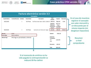 Caso práctico CFDI versión 3.3
En el caso de muestras
registrar el concepto
con valor mercantil y
un descuento por el
mism...