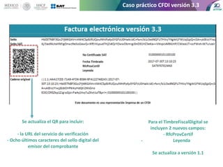 Caso práctico CFDI versión 3.3
Se actualiza el QR para incluir:
- la URL del servicio de verificación
- Ocho últimos carac...