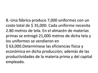 8.-Una fábrica produce 7,000 uniformes con un
costo total de $ 35,000. Cada uniforme necesita
2.80 metros de tela. En el almacén de materias
primas se entregó 21,000 metros de dicha tela y
los uniformes se vendieron en
$ 63,000.Determínese las eficiencias física y
económica en dicha producción; además de las
productividades de la materia prima y del capital
empleado.
 