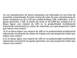 14.-Los reproductores de discos compactos son fabricados en una línea de
ensamble automatizada. El costo normal de estos de esos reproductores de
discos compactos es de $ 125 por unidad (trabajo, $20, materiales, $ 65; y
gastos generales, $ 40). El precio de venta es de $250 por unidad a) Si se
desea lograr una mejoría de 10% en la productividad multifactorial
reduciendo únicamente los costos de materiales ¿en qué proporción habrá
que reducir esos costos?
b) Si se desea lograr una mejoría de 10% en la productividad multifactorial
reduciendo únicamente los costos de trabajo ¿en qué proporción habrá que
reducir esos costos?
c) Si se desea lograr una mejoría de 10% en la productividad multifactorial
reduciendo únicamente los gastos generales ¿en qué proporción habrá que
reducir esos costos?
 