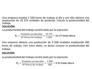 Una empresa emplea 1 520 horas de trabajo al día y con ello obtiene una
producción de 35 375 unidades de producto. Calcula la productividad del
trabajo.
SOLUCIÓN:
La productividad del trabajo vendrá dada por la expresión:
𝑷 𝑳 =
𝑈𝑛𝑖𝑑𝑎𝑑𝑒𝑠 𝑝𝑟𝑜𝑑𝑢𝑐𝑖𝑑𝑎𝑠
𝑁ª 𝐻𝑜𝑟𝑎𝑠 𝑑𝑒 𝑡𝑟𝑎𝑏𝑎𝑗𝑜
=
35 375
1 520
= 𝟐𝟑, 𝟐𝟕 𝑼𝒏𝒊𝒅./𝑯𝒐𝒓𝒂
Una empresa obtiene una producción de 3 568 unidades empleando 360
horas de trabajo. Con estos datos, se desea conocer la productividad del
trabajo.
SOLUCIÓN:
La productividad del trabajo vendrá dada por la expresión:
𝑷 𝑳 =
𝑈𝑛𝑖𝑑𝑎𝑑𝑒𝑠 𝑝𝑟𝑜𝑑𝑢𝑐𝑖𝑑𝑎𝑠
𝑁ª 𝐻𝑜𝑟𝑎𝑠 𝑑𝑒 𝑡𝑟𝑎𝑏𝑎𝑗𝑜
=
3 568
360
= 𝟗, 𝟗𝟏 𝑼𝒏𝒊𝒅./𝑯𝒐𝒓𝒂
 