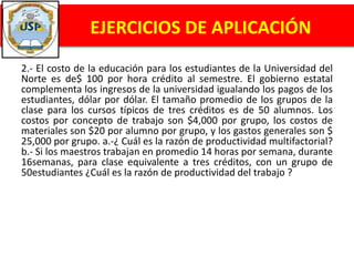 2.- El costo de la educación para los estudiantes de la Universidad del
Norte es de$ 100 por hora crédito al semestre. El gobierno estatal
complementa los ingresos de la universidad igualando los pagos de los
estudiantes, dólar por dólar. El tamaño promedio de los grupos de la
clase para los cursos típicos de tres créditos es de 50 alumnos. Los
costos por concepto de trabajo son $4,000 por grupo, los costos de
materiales son $20 por alumno por grupo, y los gastos generales son $
25,000 por grupo. a.-¿ Cuál es la razón de productividad multifactorial?
b.- Si los maestros trabajan en promedio 14 horas por semana, durante
16semanas, para clase equivalente a tres créditos, con un grupo de
50estudiantes ¿Cuál es la razón de productividad del trabajo ?
EJERCICIOS DE APLICACIÓN
 