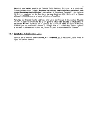 4
Renuncia por reposo médico del Profesor Pedro Celestino Rodríguez, a la tutoría del
Trabajo de Licenciatura Titulado: “Factores que influyen en el rendimiento estudiantil en la
Unidad Educativa Distrital Mariño”, aprobado en el Consejo de Escuela Nº 1546 de fecha
29-10-2014, realizado por los Bachilleres Vanesa Sepúlveda (C.I. 16.674.926) y Edisson
Villegas (16.565.982), asume la tutoría la Profesora Rosa Melo.
Renuncia del Profesor Adolfo McCragh, a la tutoría del Trabajo de Licenciatura Titulado:
“Facebook como herramienta de apoyo para la educación dirigido a estudiantes de
Educación Media”, aprobado en el Consejo de Escuela Nº 1513 de fecha 20-11-2013,
realizado por los Bachilleres Kathleen V. Ytriago Petit (C.I. 18.711.783), Nancy Tagliafico
(6.333.449) y Liliana Urbina (10.699.304) asume la tutoría el Profesor Franklin Albarrán.
3.b.4 Solicitud de Retiro Fuera de Lapso:
Solicitud de la Bachiller Mónica Pardo, C.I. 13.714.956, (EUS-Amazonas), retiro fuera de
lapso, por razones de salud.
 