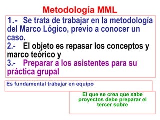 Metodología MML
1.- Se trata de trabajar en la metodología
del Marco Lógico, previo a conocer un
caso.
2.- El objeto es repasar los conceptos y
marco teórico y
3.- Preparar a los asistentes para su
práctica grupal
Es fundamental trabajar en equipo
El que se crea que sabe
proyectos debe preparar el
tercer sobre
 