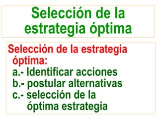 Selección de la
estrategia óptima
Selección de la estrategia
óptima:
a.- Identificar acciones
b.- postular alternativas
c.- selección de la
óptima estrategia
 