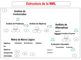 Estructura de la MML
1
Análisis de Problemas Análisis de Objetivos
2 3 44
Estructura Analítica Proyecto
5
6
7 10
9
8
Análisis de
involucrados
Análisis de
Alternativas
Opción 1
Opción 2
Matriz de Marco Lógico
Objetivos Indicadores M.Verificación Hipótesis
Fin
Objetivos
Componente
Actividades
Evaluación intermedia
Proyecto/Real Evaluación
Indicador 1
Indicador 2
 