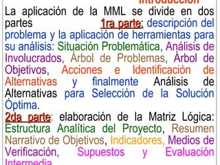 Introducción
La aplicación de la MML se divide en dos
partes 1ra parte1ra parte:: descripción del
problema y la aplicación de herramientas para
su análisis: Situación Problemática, Análisis de
Involucrados, Árbol de Problemas, Árbol de
Objetivos, Acciones e Identificación de
Alternativas y finalmente Análisis de
Alternativas para Selección de la Solución
Óptima.
2da parte2da parte: elaboración de la Matriz Lógica:
Estructura Analítica del Proyecto, Resumen
Narrativo de Objetivos, Indicadores, Medios de
Verificación, Supuestos y Evaluación
 