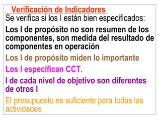 Verificación de Indicadores
Se verifica si los I están bien especificados:
Los I de propósito no son resumen de los
componentes, son medida del resultado de
componentes en operación
Los I de propósito miden lo importante
Los I especifican CCT.
I de cada nivel de objetivo son diferentes
de otros I
El presupuesto es suficiente para todas las
actividades
 