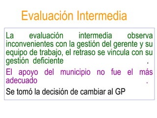La evaluación intermedia observa
inconvenientes con la gestión del gerente y su
equipo de trabajo, el retraso se vincula con su
gestión deficiente .
El apoyo del municipio no fue el más
adecuado .
Se tomó la decisión de cambiar al GP
Evaluación Intermedia
 