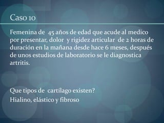 Caso 10Femenina de  45 años de edad que acude al medico por presentar, dolor  y rigidez articular  de 2 horas de  duración en la mañana desde hace 6 meses, después de unos estudios de laboratorio se le diagnostica artritis.Que tipos de  cartílago existen?Hialino, elástico y fibroso