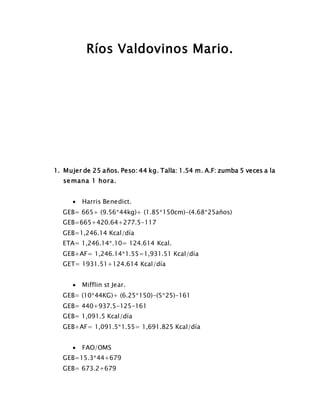 Ríos Valdovinos Mario.
1. Mujer de 25 años. Peso: 44 kg. Talla: 1.54 m. A.F: zumba 5 veces a la
semana 1 hora.
 Harris Benedict.
GEB= 665+ (9.56*44kg)+ (1.85*150cm)-(4.68*25años)
GEB=665+420.64+277.5-117
GEB=1,246.14 Kcal/día
ETA= 1,246.14*.10= 124.614 Kcal.
GEB+AF= 1,246.14*1.55=1,931.51 Kcal/día
GET= 1931.51+124.614 Kcal/día
 Mifflin st Jear.
GEB= (10*44KG)+ (6.25*150)-(5*25)-161
GEB= 440+937.5-125-161
GEB= 1,091.5 Kcal/día
GEB+AF= 1,091.5*1.55= 1,691.825 Kcal/día
 FAO/OMS
GEB=15.3*44+679
GEB= 673.2+679
 