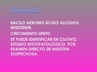  BACILO AEROBIO ÁCIDO ALCOHOL
RESISTENTE.
 CRECIMIENTO LENTO
 SE PUEDE IDENTIFICAR EN CULTIVO,
ESTUDIO HISTOPATOLÓGICO, PCR,
EXAMEN DIRECTO DE MUESTRA
SOSPECHOSA.
 
