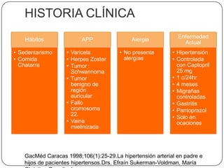 HISTORIA CLÍNICAGacMéd Caracas 1998;106(1):25-29.La hipertensión arterial en padre e hijos de pacientes hipertensos.Drs. Efraín Sukerman-Voldman, María Christina Guardia J, 