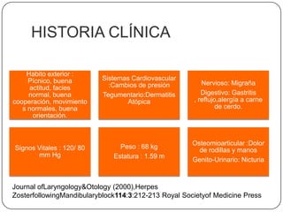 HISTORIA CLÍNICAJournal ofLaryngology & Otology (2000),Herpes ZosterfollowingMandibularyblock114:3:212-213 Royal Societyof Medicine Press