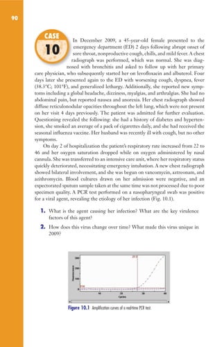 90
In December 2009, a 45-year-old female presented to the
emergency department (ED) 2 days following abrupt onset of
sore throat, nonproductive cough, chills, and mild fever. A chest
radiograph was performed, which was normal. She was diag-
nosed with bronchitis and asked to follow up with her primary
care physician, who subsequently started her on levofloxacin and albuterol. Four
days later she presented again to the ED with worsening cough, dyspnea, fever
(38.3°C; 101°F), and generalized lethargy. Additionally, she reported new symp-
toms including a global headache, dizziness, myalgias, and arthralgias. She had no
abdominal pain, but reported nausea and anorexia. Her chest radiograph showed
diffuse reticulonodular opacities throughout the left lung, which were not present
on her visit 4 days previously. The patient was admitted for further evaluation.
Questioning revealed the following: she had a history of diabetes and hyperten-
sion, she smoked an average of a pack of cigarettes daily, and she had received the
seasonal influenza vaccine. Her husband was recently ill with cough, but no other
symptoms.
On day 2 of hospitalization the patient’s respiratory rate increased from 22 to
46 and her oxygen saturation dropped while on oxygen administered by nasal
cannula. She was transferred to an intensive care unit, where her respiratory status
quickly deteriorated, necessitating emergency intubation. A new chest radiograph
showed bilateral involvement, and she was begun on vancomycin, aztreonam, and
azithromycin. Blood cultures drawn on her admission were negative, and an
expectorated sputum sample taken at the same time was not processed due to poor
specimen quality. A PCR test performed on a nasopharyngeal swab was positive
for a viral agent, revealing the etiology of her infection (Fig. 10.1).
1. What is the agent causing her infection? What are the key virulence
factors of this agent?
2. How does this virus change over time? What made this virus unique in
2009?
In December 2009, a 45-year-old female presented to the
sore throat, nonproductive cough, chills, and mild fever. A chest
radiograph was performed, which was normal. She was diag-
nosed with bronchitis and asked to follow up with her primary
CASE
10
Figure 10.1 Amplification curves of a real-time PCR test.
Gilligan_Sec2_063-156.indd 90 7/24/14 11:43 AM
 