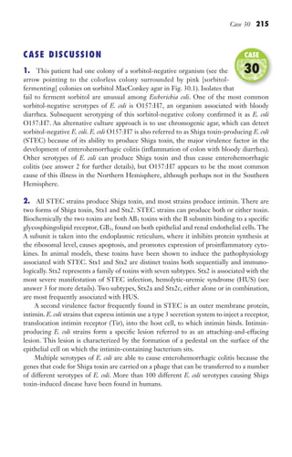 Case 30 215
CASE DISCUSSION
1. This patient had one colony of a sorbitol-negative organism (see the
arrow pointing to the colorless colony surrounded by pink [sorbitol-
fermenting] colonies on sorbitol MacConkey agar in Fig. 30.1). Isolates that
fail to ferment sorbitol are unusual among Escherichia coli. One of the most common
sorbitol-negative serotypes of E. coli is O157:H7, an organism associated with bloody
diarrhea. Subsequent serotyping of this sorbitol-negative colony confirmed it as E. coli
O157:H7. An alternative culture approach is to use chromogenic agar, which can detect
sorbitol-negative E. coli. E. coli O157:H7 is also referred to as Shiga toxin-producing E. coli
(STEC) because of its ability to produce Shiga toxin, the major virulence factor in the
development of enterohemorrhagic colitis (inflammation of colon with bloody diarrhea).
Other serotypes of E. coli can produce Shiga toxin and thus cause enterohemorrhagic
colitis (see answer 2 for further details), but O157:H7 appears to be the most common
cause of this illness in the Northern Hemisphere, although perhaps not in the Southern
Hemisphere.
2. All STEC strains produce Shiga toxin, and most strains produce intimin. There are
two forms of Shiga toxin, Stx1 and Stx2. STEC strains can produce both or either toxin.
Biochemically the two toxins are both AB5 toxins with the B subunits binding to a specific
glycosphingolipid receptor, GB3, found on both epithelial and renal endothelial cells. The
A subunit is taken into the endoplasmic reticulum, where it inhibits protein synthesis at
the ribosomal level, causes apoptosis, and promotes expression of proinflammatory cyto-
kines. In animal models, these toxins have been shown to induce the pathophysiology
associated with STEC. Stx1 and Stx2 are distinct toxins both sequentially and immuno-
logically. Stx2 represents a family of toxins with seven subtypes. Stx2 is associated with the
most severe manifestation of STEC infection, hemolytic-uremic syndrome (HUS) (see
answer 3 for more details). Two subtypes, Stx2a and Stx2c, either alone or in combination,
are most frequently associated with HUS.
A second virulence factor frequently found in STEC is an outer membrane protein,
intimin. E. coli strains that express intimin use a type 3 secretion system to inject a receptor,
translocation intimin receptor (Tir), into the host cell, to which intimin binds. Intimin-
producing E. coli strains form a specific lesion referred to as an attaching-and-effacing
lesion. This lesion is characterized by the formation of a pedestal on the surface of the
epithelial cell on which the intimin-containing bacterium sits.
Multiple serotypes of E. coli are able to cause enterohemorrhagic colitis because the
genes that code for Shiga toxin are carried on a phage that can be transferred to a number
of different serotypes of E. coli. More than 100 different E. coli serotypes causing Shiga
toxin-induced disease have been found in humans.
fermenting] colonies on sorbitol MacConkey agar in Fig. 30.1). Isolates that
CASE
30
Gilligan_Sec3_157-254.indd 215 7/24/14 11:44 AM
 