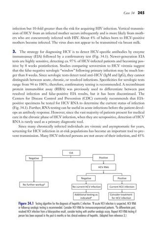 Case 34 245
infection but 10-fold greater than the risk for acquiring HIV infection. Vertical transmis-
sion of HCV from an infected mother occurs infrequently and is more likely from moth-
ers who are concurrently infected with HIV. About 4% of babies born to HCV-positive
mothers become infected. The virus does not appear to be transmitted via breast milk.
3. The strategy for diagnosing HCV is to detect HCV-specific antibodies by enzyme
immunoassay (EIA) followed by a confirmatory test (Fig. 34.1). Newer-generation EIA
tests are highly sensitive, detecting ca. 97% of HCV-infected patients and becoming pos-
itive by 8 weeks postinfection. Studies comparing seroversion to HCV viremia suggest
that the false-negative serologic “window” following primary infection may be much lon-
ger than 8 weeks. Since serologic tests detect total anti-HCV (IgM and IgG), they cannot
distinguish between acute, chronic, or resolved infections. Specificities for serologic tests
range from 94 to 100%; therefore, confirmatory testing is recommended. A recombinant
protein immunoblot assay (RIBA) was previously used to differentiate between past
resolved infection and false-positive EIA results, but it has been discontinued. The
Centers for Disease Control and Prevention (CDC) currently recommends that EIA-
positive specimens be tested for HCV RNA to determine the current status of infection
(Fig. 34.1). Further, RNA testing can be useful in acute infections before the patient devel-
ops an antibody response. However, since the vast majority of patients present for medical
care in the chronic phase of HCV infection, when they are seropositive, detection of HCV
RNA is rarely used as a primary diagnostic tool.
Since many chronically infected individuals are viremic and asymptomatic for years,
screening for HCV infection in at-risk populations has become an important tool to pre-
vent transmission. Many HCV-infected persons are not aware of their infection, and 45%
EIA
Negative
No further workupa
HCV RNA
Positive
Positive
Negative
Consider treatment
for HCV infection
No current HCV infection Current HCV infection
Additional testing as
indicatedb
Figure 34.1 ​
Testing algorithm for the diagnosis of hepatitis C infection. a
If acute HCV infection is suspected, HCV RNA
or follow-up serologic testing is recommended. Consider HCV RNA for immunocompromised patients. b
To differentiate past,
resolved HCV infection from a false-positive result, consider testing with another serologic assay. Repeat HCV RNA testing if
person has been exposed in the past 6 months or has clinical evidence of hepatitis. (Adapted from reference 3.)
Gilligan_Sec3_157-254.indd 245 7/24/14 11:44 AM
 