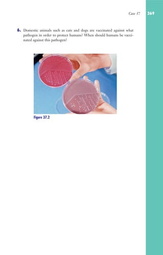 Case 37 269
Figure 37.2
6. Domestic animals such as cats and dogs are vaccinated against what
pathogen in order to protect humans? When should humans be vacci-
nated against this pathogen?
Gilligan_Sec4_255-306.indd 269 7/24/14 11:44 AM
 