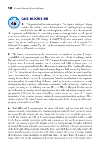 332 Central Nervous System Infections
CASE DISCUSSION
1. This patient had bacterial meningitis. The physical finding of bulging
anterior fontanelles is due to inflammation and swelling of the meninges
caused by infection. His increased respiratory and heart rates, fluctuations in
blood pressure, and difficulties in maintaining adequate tissue perfusion are all signs of
sepsis and are often seen in individuals with bacterial meningitis. Seizures are common in
patients with meningitis. His CSF findings of 3,900 WBCs/μl with a neutrophil predom-
inance, low glucose, and high protein are all consistent with bacterial meningitis. The
finding of Gram-positive cocci (Fig. 46.1) in the microscopic examination of CSF is con-
clusive evidence of bacterial meningitis.
2. The bacteria that most frequently cause neonatal meningitis are the group B strepto-
cocci (GBS, or Streptococcus agalactiae). The Gram stain and colonial morphology seen in
Fig. 46.1 and 46.2 are consistent with GBS. However, Listeria monocytogenes, a much less
frequent cause of neonatal infection, can be confused with GBS on Gram stain, even
though L. monocytogenes is classified as a Gram-positive coccobacillus. On sheep blood agar
both organisms have very similar colonial morphology and both are weakly beta-hemo-
lytic. The clinical disease these organisms cause is indistinguishable. Accurate identifica-
tion is important when therapeutic choices are being made because cephalosporin
therapy is not effective against L. monocytogenes. Accurate identification is also important
in understanding the epidemiology of disease caused by these two organisms. Accurately
distinguishing these organisms can be easily accomplished by the catalase test. Catalase is an
enzyme that catalyzes the following reaction: H2O2 → 2H2O + O2 (gas). Catalase activity
can be detected by smearing the test organism on a glass slide and placing a drop of hydro-
gen peroxide (H2O2) on the smear. A bubbling reaction due to the release of O2 occurs
immediately if the organism produces catalase. L. monocytogenes is catalase positive; GBS is
catalase negative. The patient’s isolate was catalase negative; further testing including sero-
grouping confirmed it to be GBS.
3. Both GBS and L. monocytogenes can cause both early- and late-onset infections in
neonates. In early-onset disease, the organism is spread vertically from mother to infant,
as evidenced by the mother and child having both the same serotype and the same geno-
type. In the mother, the GBS or L. monocytogenes infection may manifest itself as a mild
febrile illness, with the mother having flu-like symptoms, or she may be an asymptomatic
carrier. The neonate is generally infected in utero or during passage through a colonized
birth canal. Neonates with early-onset disease often are ill at birth or become symptomatic
in the first week of life, generally within the first 3 days. Risk factors for early-onset GBS
disease include maternal colonization with GBS, gestation 37 weeks, prolonged rupture
of membranes, young maternal age, and black race. The major focus of infection is the
lungs, which are poorly developed and poorly functioning in low-birth-weight babies.
caused by infection. His increased respiratory and heart rates, fluctuations in
CASE
46
Gilligan_Sec5_307-368.indd 332 7/24/14 11:46 AM
 