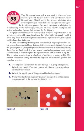 377
This 53-year-old man with a past medical history of non-
insulin-dependent diabetes mellitus and hypertension was in
his usual state of health until 4 days prior to admission, when
he developed fatigue, fever, chills, and a cough occasionally pro-
ductive of green sputum. Over the 2 days prior to admission, he
had drenching sweats, increasing dyspnea, and left-sided pleuritic chest pain. The
patient had smoked 2 packs of cigarettes a day for 40 years.
His physical examination was notable for an increased respiratory rate of 22
per minute, and crackles were heard over the right middle, left middle, and left
lower lung fields. A chest radiograph demonstrated right lower lobe, left lingular,
and left lower lobe infiltrates.
A Gram stain of the patient’s sputum contained 25 polymorphonuclear leu-
kocytes per low-power field and 4+ (many) Gram-positive diplococci. Culture of
the sputum grew 4+ (many) Streptococcus pneumoniae as well as normal respiratory
flora. One set (both bottles) of two sets of blood cultures drawn prior to the
administration of antibiotics grew the organism shown on Gram stain in Fig. 53.1.
The organism growing from a subculture of the blood is shown in Fig. 53.2.
Further biochemical testing revealed the organism to be catalase positive and
coagulase negative.
1. The organism described in this case belongs to a group of organisms.
What is that group? With what types of infections are these organisms
specifically associated?
2. What is the significance of this patient’s blood culture isolate?
3. Name three key factors necessary to ensure the detection of bacteremia
in a patient such as the one described in this case.
This 53-year-old man with a past medical history of non-
his usual state of health until 4 days prior to admission, when
he developed fatigue, fever, chills, and a cough occasionally pro-
ductive of green sputum. Over the 2 days prior to admission, he
CASE
53
Figure 53.1 Figure 53.2
Gilligan_Sec6_369-436.indd 377 7/24/14 11:14 AM
 