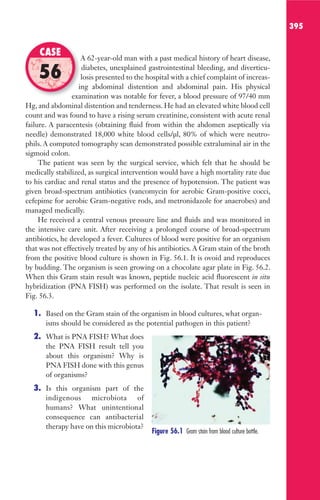 395
A 62-year-old man with a past medical history of heart disease,
diabetes, unexplained gastrointestinal bleeding, and diverticu-
losis presented to the hospital with a chief complaint of increas-
ing abdominal distention and abdominal pain. His physical
examination was notable for fever, a blood pressure of 97/40 mm
Hg, and abdominal distention and tenderness. He had an elevated white blood cell
count and was found to have a rising serum creatinine, consistent with acute renal
failure. A paracentesis (obtaining fluid from within the abdomen aseptically via
needle) demonstrated 18,000 white blood cells/μl, 80% of which were neutro-
phils. A computed tomography scan demonstrated possible extraluminal air in the
sigmoid colon.
The patient was seen by the surgical service, which felt that he should be
medically stabilized, as surgical intervention would have a high mortality rate due
to his cardiac and renal status and the presence of hypotension. The patient was
given broad-spectrum antibiotics (vancomycin for aerobic Gram-positive cocci,
cefepime for aerobic Gram-negative rods, and metronidazole for anaerobes) and
managed medically.
He received a central venous pressure line and fluids and was monitored in
the intensive care unit. After receiving a prolonged course of broad-spectrum
antibiotics, he developed a fever. Cultures of blood were positive for an organism
that was not effectively treated by any of his antibiotics. A Gram stain of the broth
from the positive blood culture is shown in Fig. 56.1. It is ovoid and reproduces
by budding. The organism is seen growing on a chocolate agar plate in Fig. 56.2.
When this Gram stain result was known, peptide nucleic acid fluorescent in situ
hybridization (PNA FISH) was performed on the isolate. That result is seen in
Fig. 56.3.
1. Based on the Gram stain of the organism in blood cultures, what organ-
isms should be considered as the potential pathogen in this patient?
2. What is PNA FISH? What does
the PNA FISH result tell you
about this organism? Why is
PNA FISH done with this genus
of organisms?
3. Is this organism part of the
indigenous microbiota of
humans? What unintentional
consequence can antibacterial
therapy have on this microbiota?
A 62-year-old man with a past medical history of heart disease,
losis presented to the hospital with a chief complaint of increas-
ing abdominal distention and abdominal pain. His physical
examination was notable for fever, a blood pressure of 97/40 mm
CASE
56
Figure 56.1 Gram stain from blood culture bottle.
Gilligan_Sec6_369-436.indd 395 7/24/14 11:14 AM
 