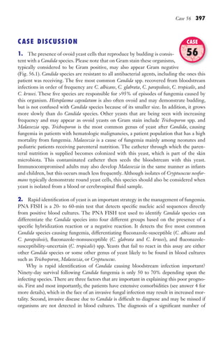 Case 56 397
CASE DISCUSSION
1. The presence of ovoid yeast cells that reproduce by budding is consis-
tent with a Candida species. Please note that on Gram stain these organisms,
typically considered to be Gram positive, may also appear Gram negative
(Fig. 56.1). Candida species are resistant to all antibacterial agents, including the ones this
patient was receiving. The five most common Candida spp. recovered from bloodstream
infections in order of frequency are C. albicans, C. glabrata, C. parapsilosis, C. tropicalis, and
C. krusei. These five species are responsible for 95% of episodes of fungemia caused by
this organism. Histoplasma capsulatum is also often ovoid and may demonstrate budding,
but is not confused with Candida species because of its smaller size. In addition, it grows
more slowly than do Candida species. Other yeasts that are being seen with increasing
frequency and may appear as ovoid yeasts on Gram stain include Trichosporon spp. and
Malassezia spp. Trichosporon is the most common genus of yeast after Candida, causing
fungemia in patients with hematologic malignancies, a patient population that has a high
mortality from fungemia. Malassezia is a cause of fungemia mainly among neonates and
pediatric patients receiving parenteral nutrition. The catheter through which the paren-
teral nutrition is supplied becomes colonized with this yeast, which is part of the skin
microbiota. This contaminated catheter then seeds the bloodstream with this yeast.
Immunocompromised adults may also develop Malassezia in the same manner as infants
and children, but this occurs much less frequently. Although isolates of Cryptococcus neofor-
mans typically demonstrate round yeast cells, this species should also be considered when
yeast is isolated from a blood or cerebrospinal fluid sample.
2. Rapid identification of yeast is an important strategy in the management of fungemia.
PNA FISH is a 20- to 60-min test that detects specific nucleic acid sequences directly
from positive blood cultures. The PNA FISH test used to identify Candida species can
differentiate the Candida species into four different groups based on the presence of a
specific hybridization reaction or a negative reaction. It detects the five most common
Candida species causing fungemia, differentiating fluconazole-susceptible (C. albicans and
C. parapsilosis), fluconazole-nonsusceptible (C. glabrata and C. krusei), and fluconazole-
susceptibility-uncertain (C. tropicalis) spp. Yeasts that fail to react in this assay are either
other Candida species or some other genus of yeast likely to be found in blood cultures
such as Trichosporon, Malassezia, or Cryptococcus.
Why is rapid identification of Candida causing bloodstream infection important?
Ninety-day survival following Candida fungemia is only 50 to 70% depending upon the
infecting species. There are three factors that are important in explaining this poor progno-
sis. First and most importantly, the patients have extensive comorbidities (see answer 4 for
more details), which in the face of an invasive fungal infection may result in increased mor-
tality. Second, invasive disease due to Candida is difficult to diagnose and may be missed if
organisms are not detected in blood cultures. The diagnosis of a significant number of
typically considered to be Gram positive, may also appear Gram negative
CASE
56
Gilligan_Sec6_369-436.indd 397 7/24/14 11:14 AM
 