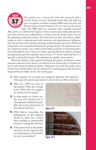 401
The patient was a 34-year-old male who presented with a
6-week history of acute, intractable lower back and right leg
pain. A magnetic resonance imaging (MRI) study was done and
showed a large extradural defect at the L4-5 space in the lumbar
spine. The MRI study was consistent with a possible herniated
disk, and he was admitted for surgery. A frozen section done during the operative
procedure showed acute inflammation. A biopsy from the lumbar spine was sent
for pathologic testing and culture. The tissue showed acute and chronic inflam-
mation as well as scattered giant cells consistent with granulomatous inflamma-
tion. On the basis of the operative findings, purified protein derivative (PPD) and
control skin tests were placed immediately postoperatively. The patient was aner-
gic. Laboratory studies were within normal limits except for an elevated erythro-
cyte sedimentation rate. Cultures of biopsy material and blood cultures obtained
postoperatively grew the organism shown in Fig. 57.1 (Gram stain) and Fig. 57.2
(growth on sheep blood agar). This organism was rapidly urease positive.
When the identity of the organism infecting this patient was known, a more
extensive social and travel history was elicited. It was learned that 11 months ear-
lier he had visited his family in Mexico. During his visit, both his mother and a
brother had a febrile illness. He also admitted to consuming goat milk and cheese
obtained from his father-in-law, who raised goats.
1. What organism do you think was causing his infection? You should be
able to give the species name based on a clue in the case.What is the clue?
2. Why was a PPD test done on
this patient? What does anergic
mean? What skin test antigens
are used to test for anergy?
3. In what organs are lesions usu-
ally seen with infection due to
this organism? Explain the prob-
able steps in the pathogenesis of
this patient’s infection.
4. What factors concerning the
pathogenicity of this organism
should be taken into account
when deciding on antimicrobial
therapy to manage the infection?
5. If this patient had no identifiable
risk factor for the organism that
was infecting him, what possibil-
ity must be considered?
The patient was a 34-year-old male who presented with a
pain. A magnetic resonance imaging (MRI) study was done and
showed a large extradural defect at the L4-5 space in the lumbar
spine. The MRI study was consistent with a possible herniated
CASE
57
Figure 57.1
Figure 57.2
Gilligan_Sec6_369-436.indd 401 7/24/14 11:14 AM
 