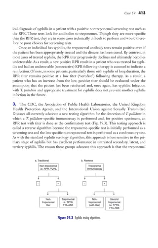 Case 59 413
ical diagnosis of syphilis in a patient with a positive nontreponemal screening test such as
the RPR. These tests look for antibodies to treponemes. Though they are more specific
than the RPR test, they are in some cases technically difficult to perform and would there-
fore be poor choices for screening tests.
Once an individual has syphilis, the treponemal antibody tests remain positive even if
the patient has been appropriately treated and the disease has been cured. By contrast, in
most cases of treated syphilis, the RPR titer progressively declines and ultimately becomes
undetectable. As a result, a new positive RPR result in a patient who was treated for syph-
ilis and had an undetectable (nonreactive) RPR following therapy is assumed to indicate a
reinfection. Of note, in some patients, particularly those with syphilis of long duration, the
RPR titer remains positive at a low titer (“serofast”) following therapy. As a result, a
patient who has an increase from the low, positive titer should be evaluated under the
assumption that the patient has been reinfected and, once again, has syphilis. Infection
with T. pallidum and appropriate treatment for syphilis does not prevent another syphilis
infection in the future.
3. The CDC, the Association of Public Health Laboratories, the United Kingdom
Health Protection Agency, and the International Union against Sexually Transmitted
Diseases all currently advocate a new testing algorithm for the detection of T. pallidum in
which a T. pallidum-specific immunoassay is performed and, for positive specimens, an
RPR test with titer is done as the confirmatory test (Fig. 59.3). This testing approach is
called a reverse algorithm because the treponeme-specific test is initially performed as a
screening test and the less specific nontreponemal test is performed as a confirmatory test.
As with the standard syphilis serology algorithm, this approach is less sensitive in the pri-
mary stage of syphilis but has excellent performance in untreated secondary, latent, and
tertiary syphilis. The reason these groups advocate this approach is that the treponemal
Figure 59.3 ​
Syphilis testing algorithms.
Gilligan_Sec6_369-436.indd 413 7/24/14 11:14 AM
 