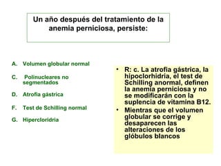Volumen globular normal Polinucleares no segmentados Atrofia gástrica Test de Schilling normal Hipercloridria R: c. La atrofia gástrica, la hipoclorhidria, el test de Schilling anormal, definen la anemia perniciosa y no se modificarán con la suplencia de vitamina B12.  Mientras que el volumen globular se corrige y desaparecen las alteraciones de los glóbulos blancos Un año después del tratamiento de la anemia perniciosa, persiste: 